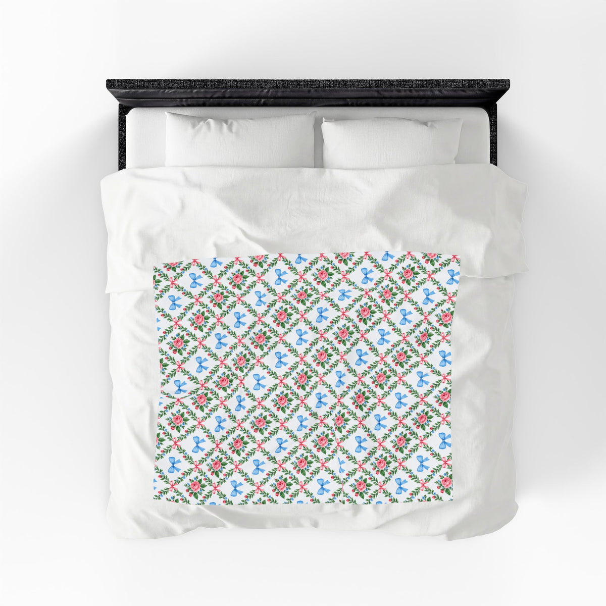 Floral Bow Quilted-Pattern Velveteen Plush Blanket