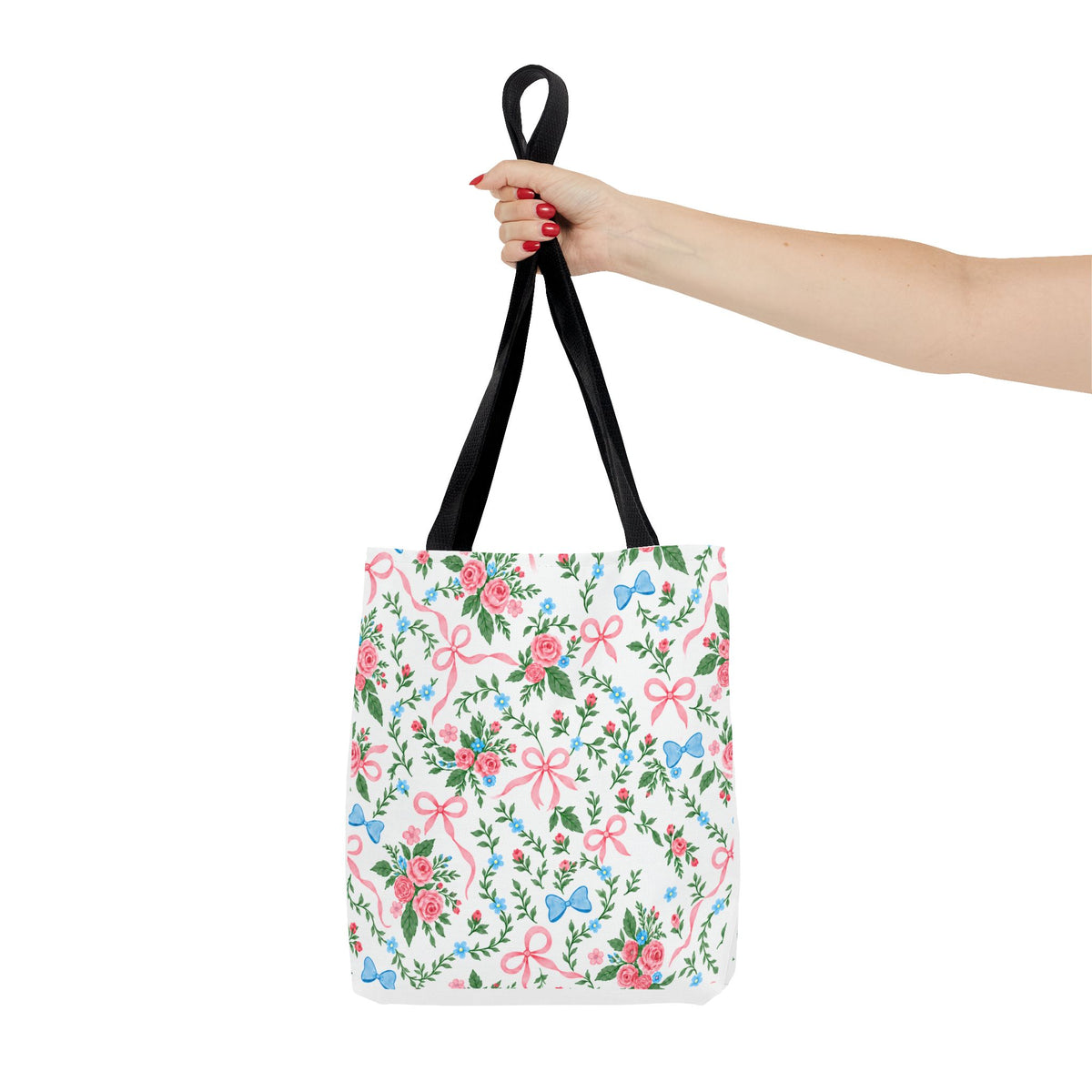 Floral Rose Bow Tote Bag — Vintage Pink Ribbon Garden Pattern