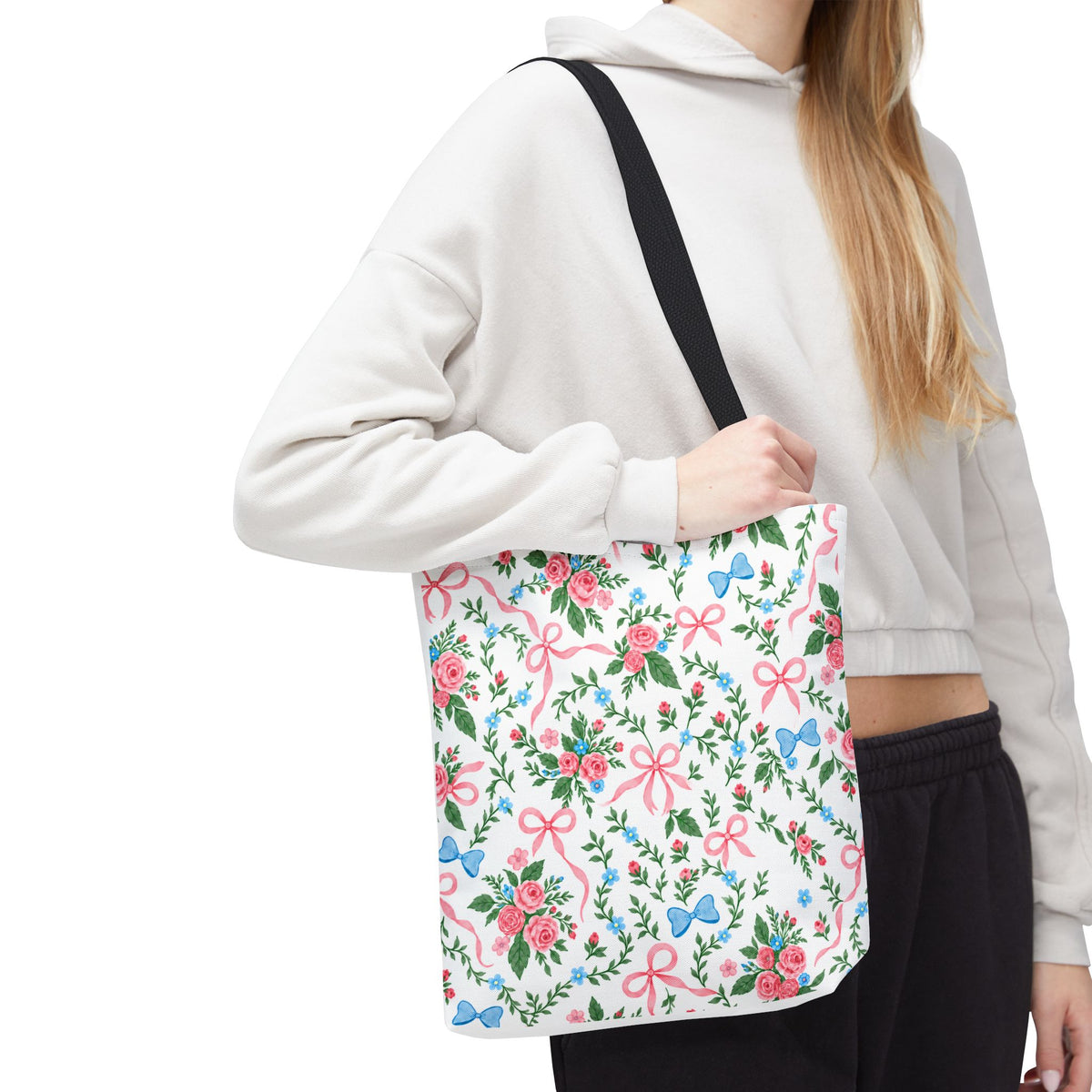Floral Rose Bow Tote Bag — Vintage Pink Ribbon Garden Pattern