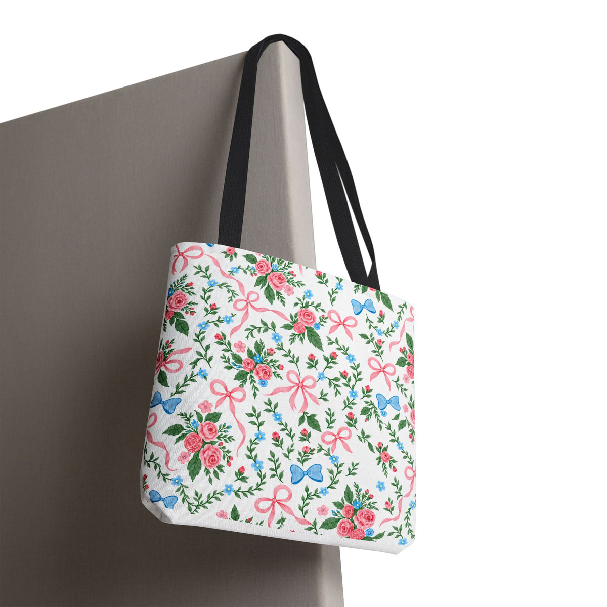 Floral Rose Bow Tote Bag — Vintage Pink Ribbon Garden Pattern