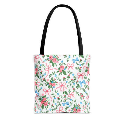 Floral Rose Bow Tote Bag — Vintage Pink Ribbon Garden Pattern