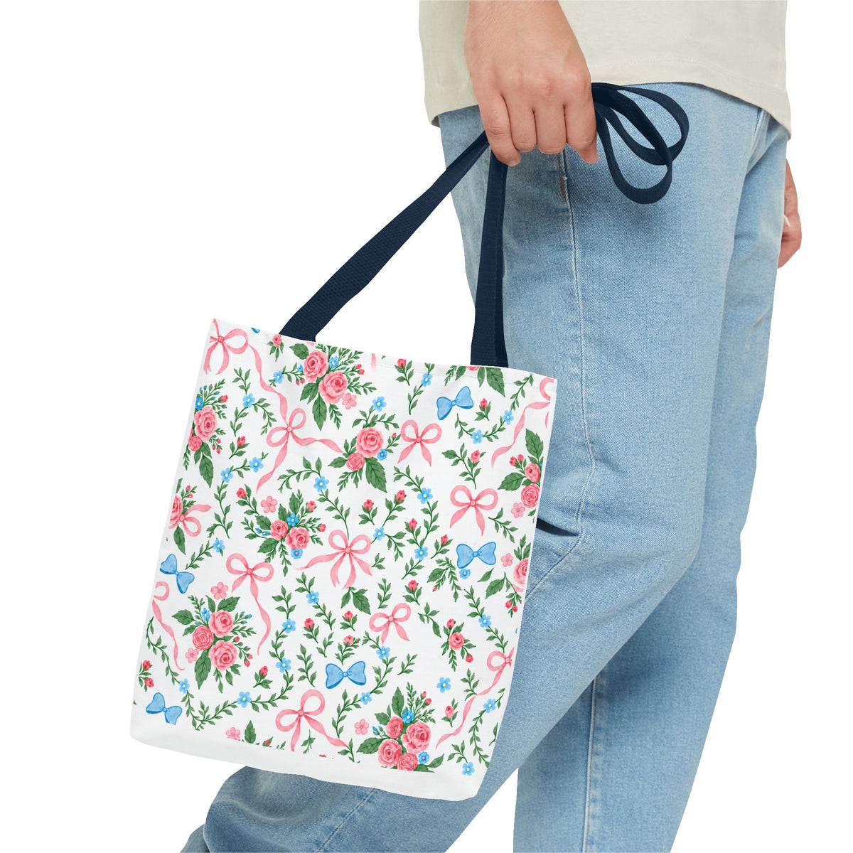 Floral Rose Bow Tote Bag — Vintage Pink Ribbon Garden Pattern