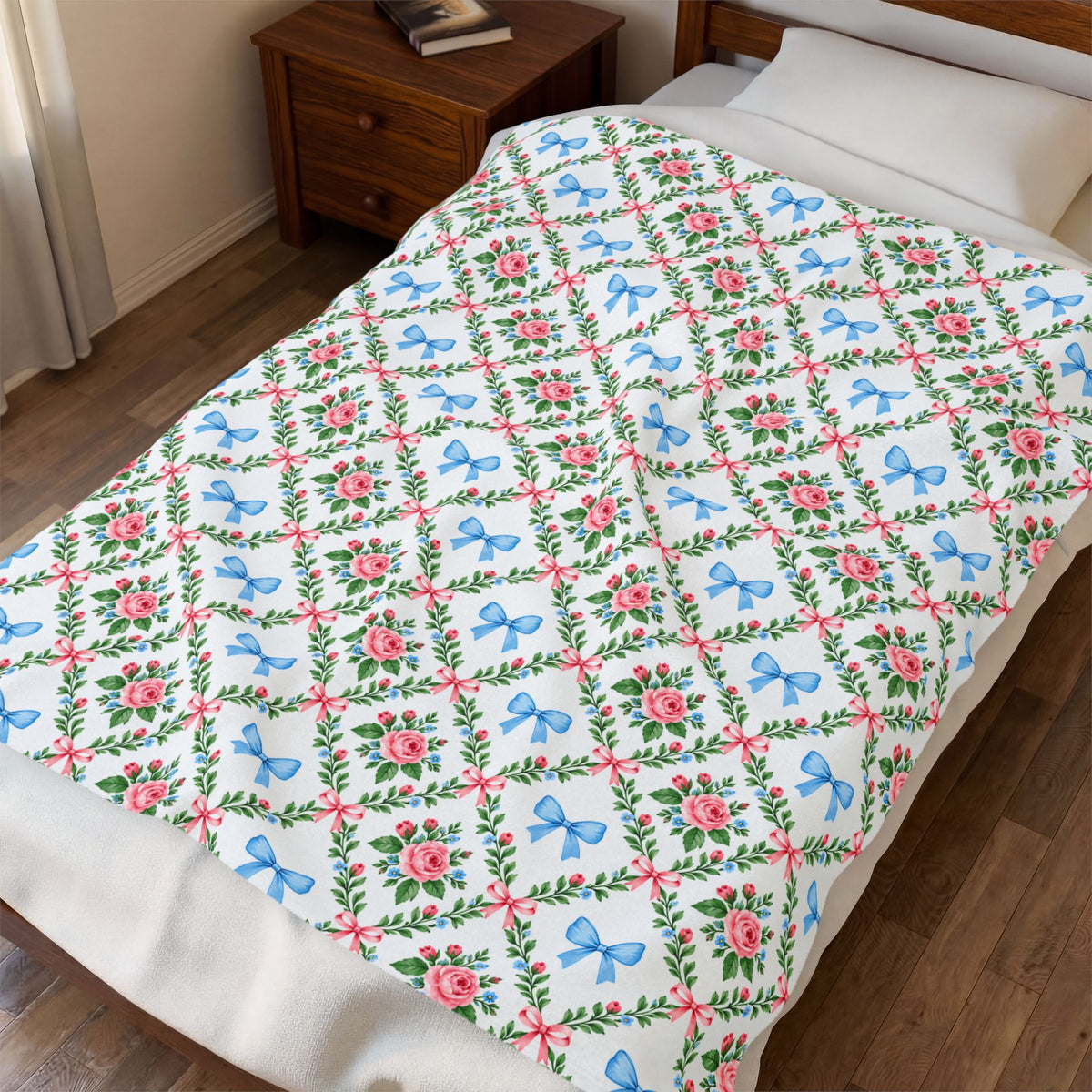 Floral Bow Quilted-Pattern Velveteen Plush Blanket