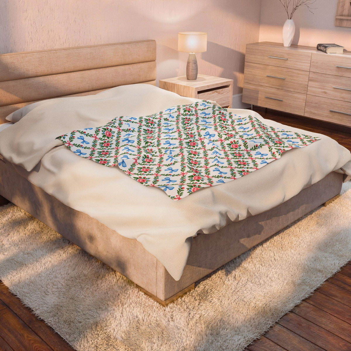 Floral Bow Quilted-Pattern Velveteen Plush Blanket