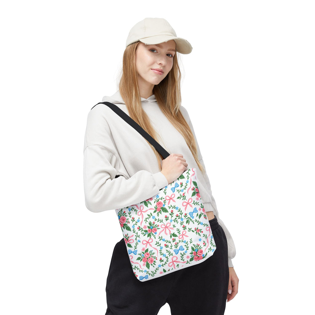 Floral Rose Bow Tote Bag — Vintage Pink Ribbon Garden Pattern