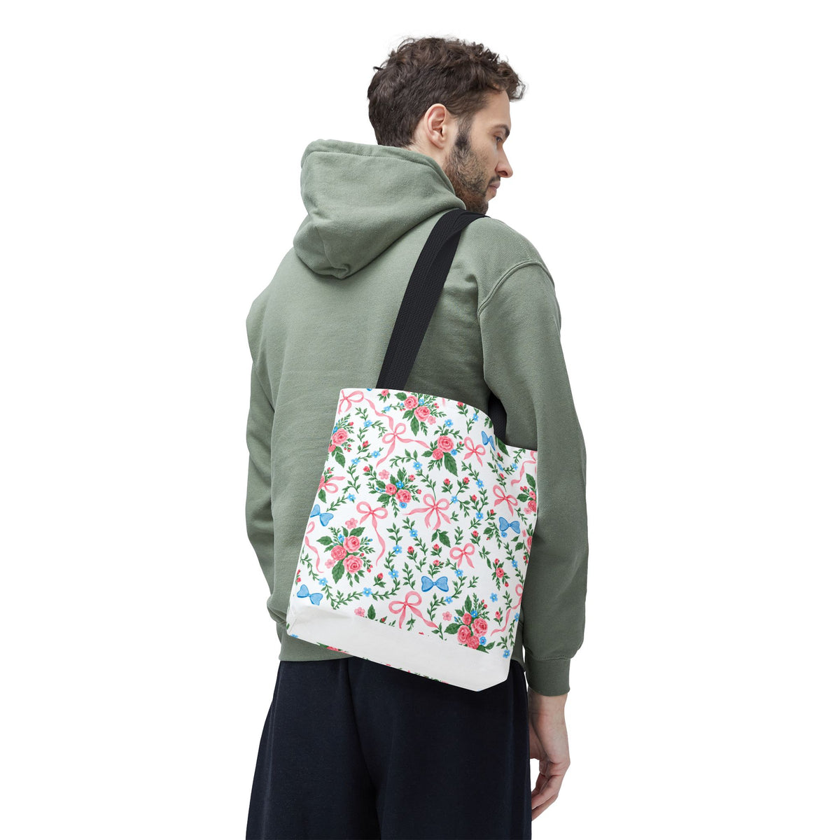 Floral Rose Bow Tote Bag — Vintage Pink Ribbon Garden Pattern